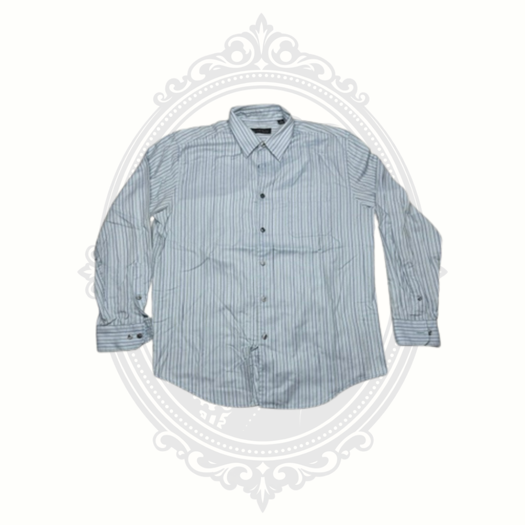 Kenneth Roberts Platinum Men's Blue & Sage Herringbone Stripe Dress Shirt Large