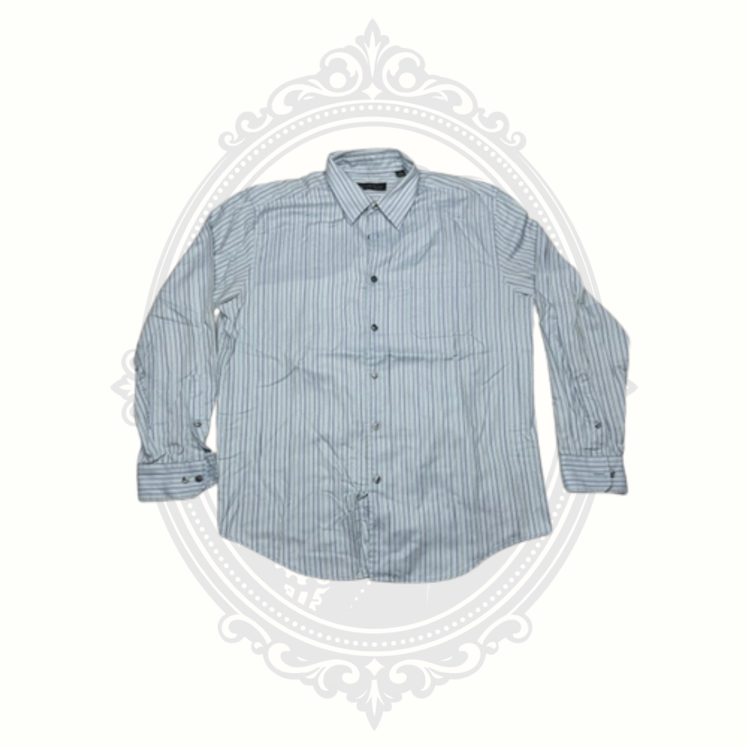 Kenneth Roberts Platinum Men's Blue & Sage Herringbone Stripe Dress Shirt Large