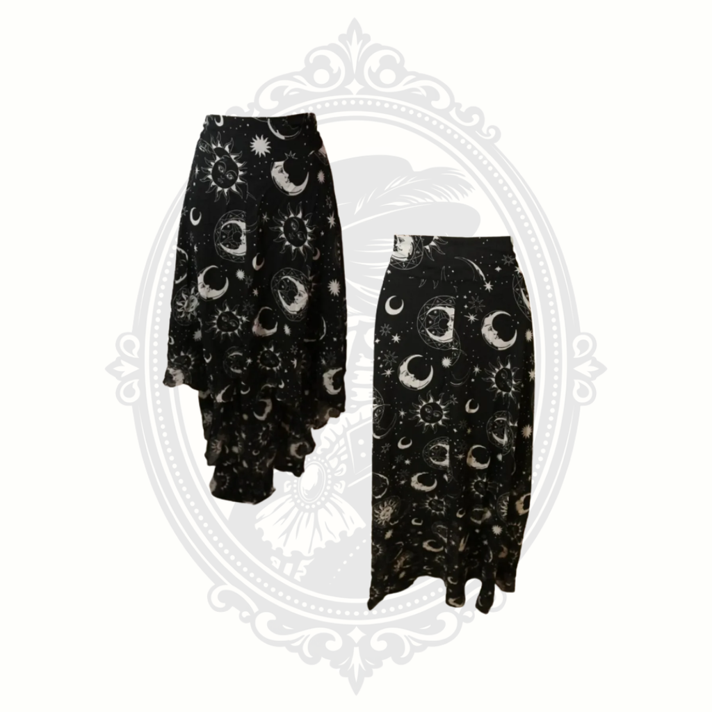 Front and back views of Killstar celestial moon print asymmetrical maxi skirt