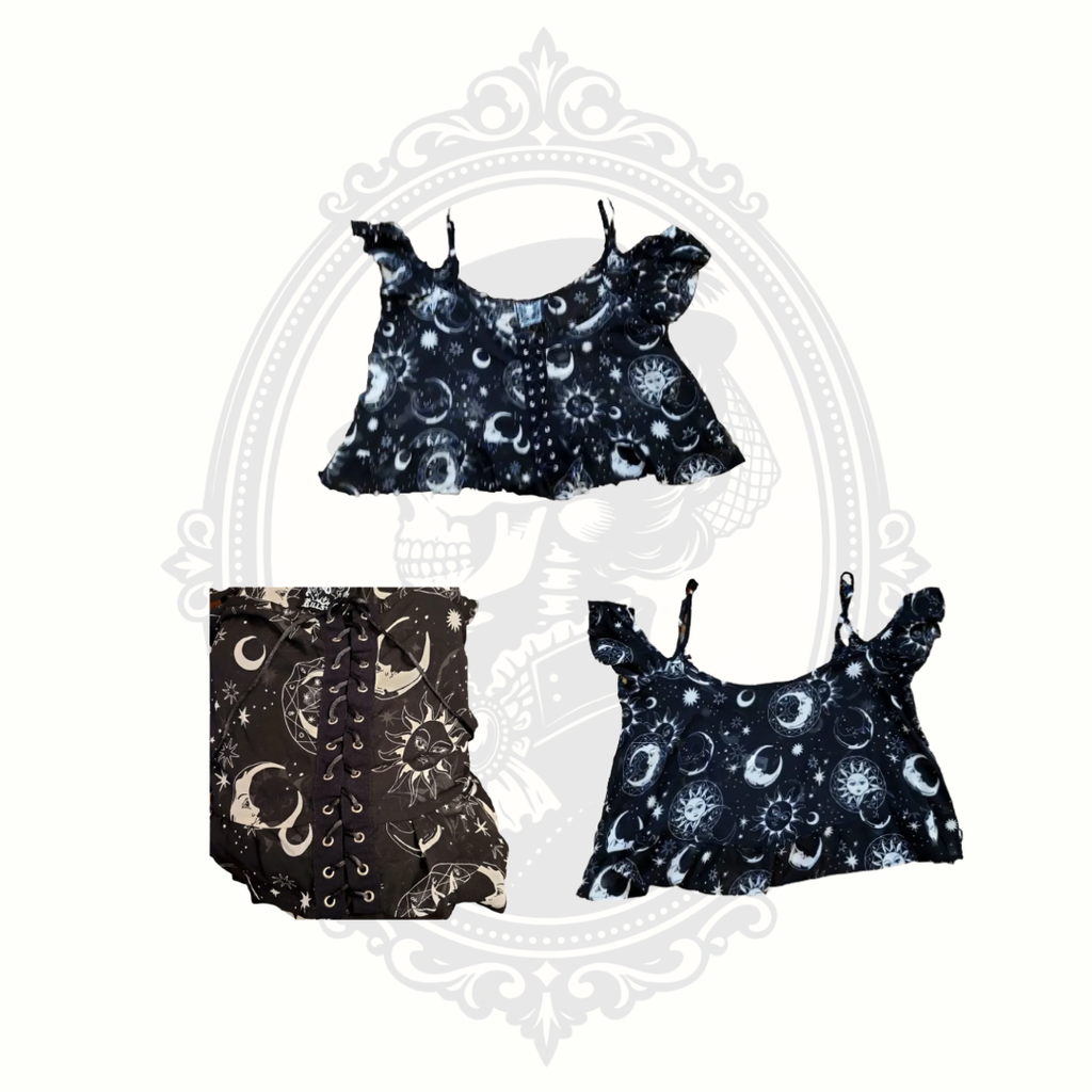 Close-up collage of Killstar Astral Light top showing celestial moon and star print with lace-up front detail