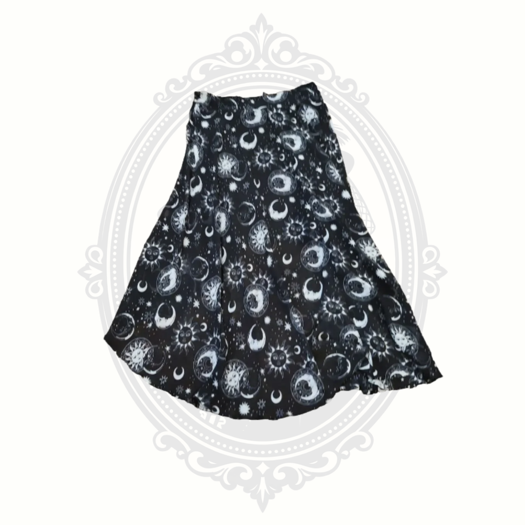 Back view of Killstar Astral Light celestial asymmetrical maxi skirt