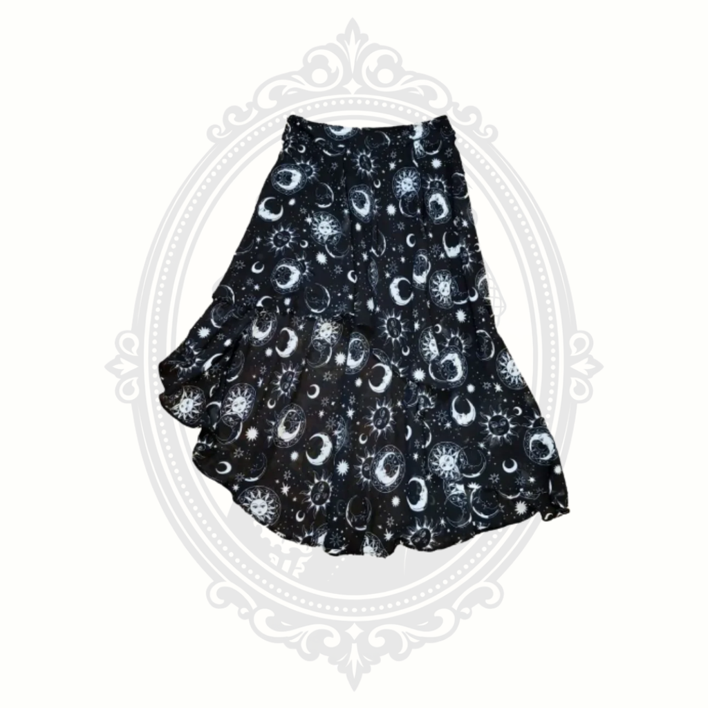 Front view of black celestial moon print Killstar high-low maxi skirt