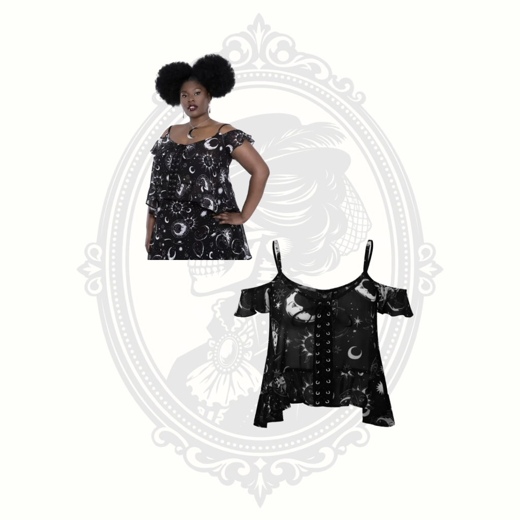 Model wearing Killstar Astral Light celestial lace-up top with matching high-low skirt