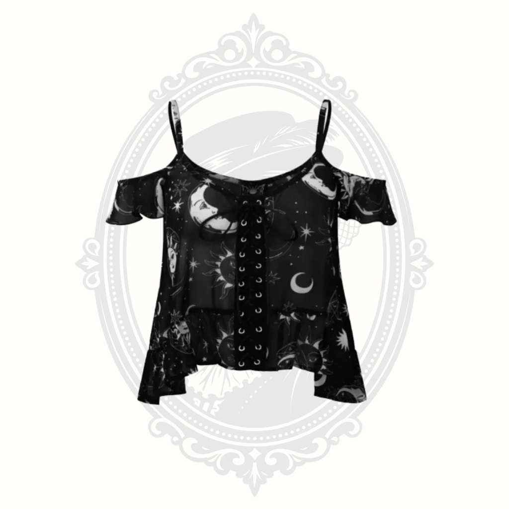 Model wearing Killstar Astral Light plus size celestial moon and star print top