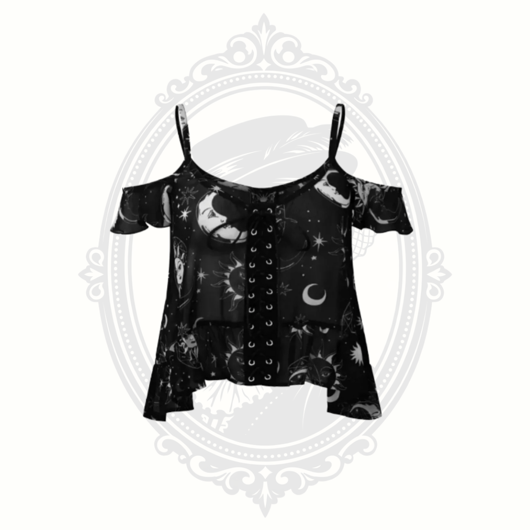 Model wearing Killstar Astral Light plus size celestial moon and star print top