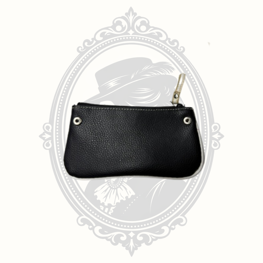 Black Faux Leather Cosmetic Pouch with Cream Letter "R" Monogram Zip Case
