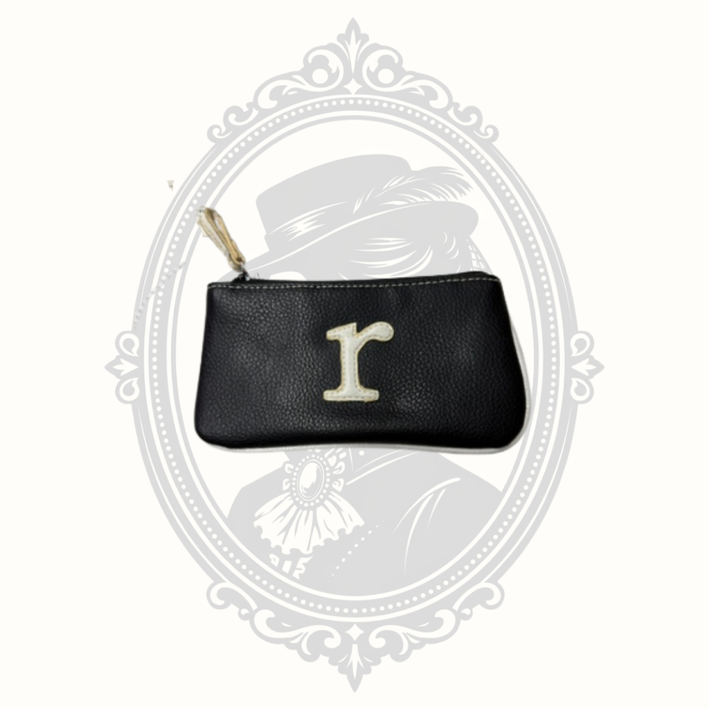 Black Faux Leather Cosmetic Pouch with Cream Letter "R" Monogram Zip Case