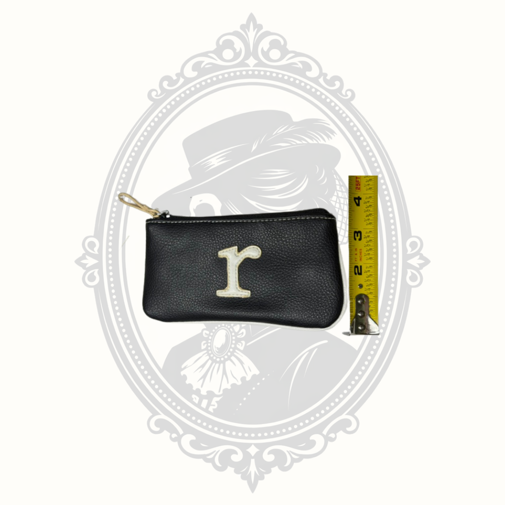 Black Faux Leather Cosmetic Pouch with Cream Letter "R" Monogram Zip Case