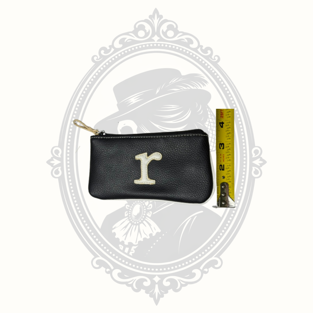 Black Faux Leather Cosmetic Pouch with Cream Letter "R" Monogram Zip Case