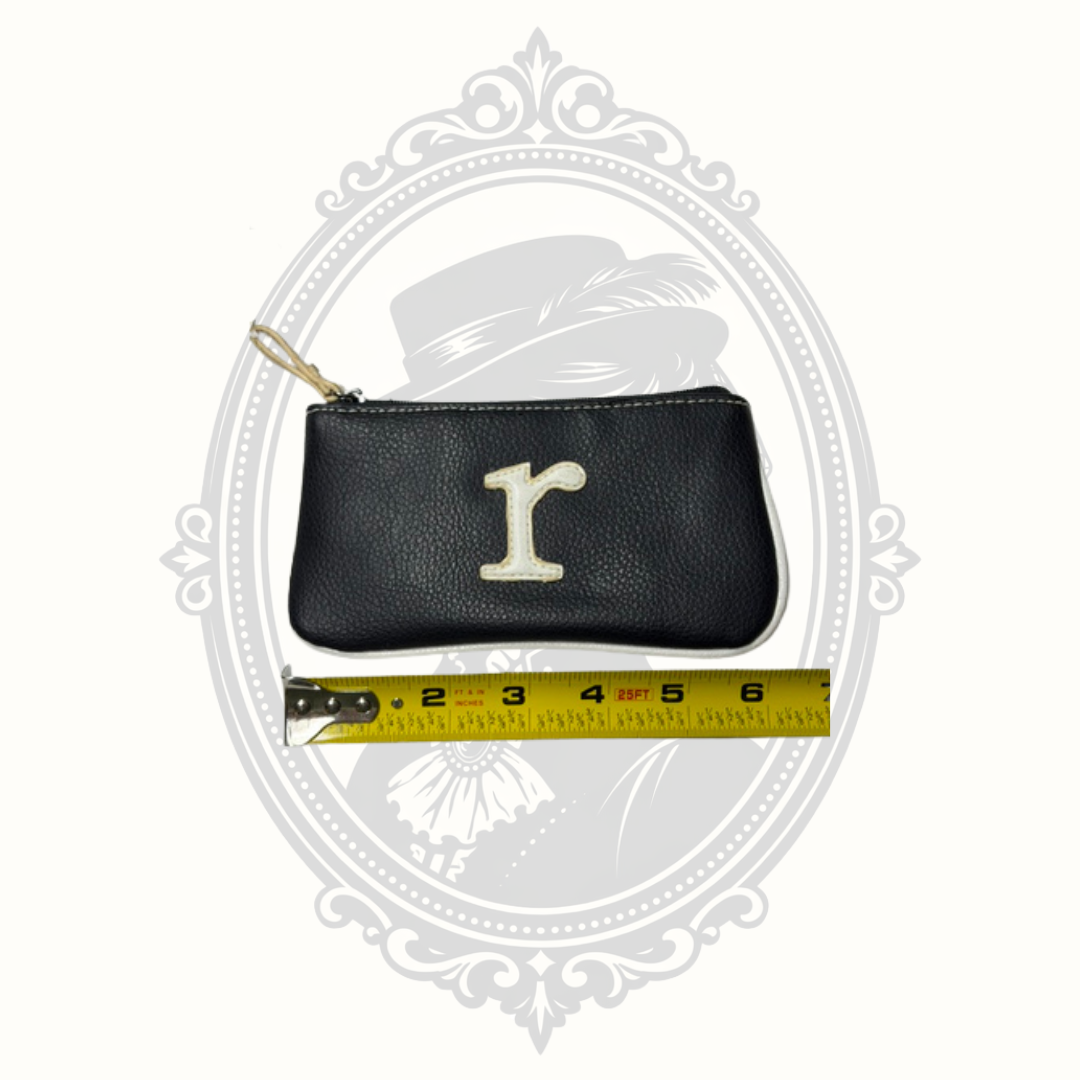 Black Faux Leather Cosmetic Pouch with Cream Letter "R" Monogram Zip Case