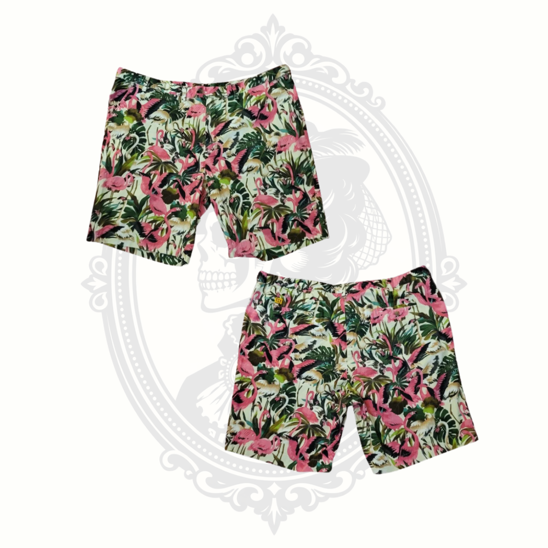 Loudmouth men’s tropical flamingo print golf shorts in size 50 shown flat lay front and back view