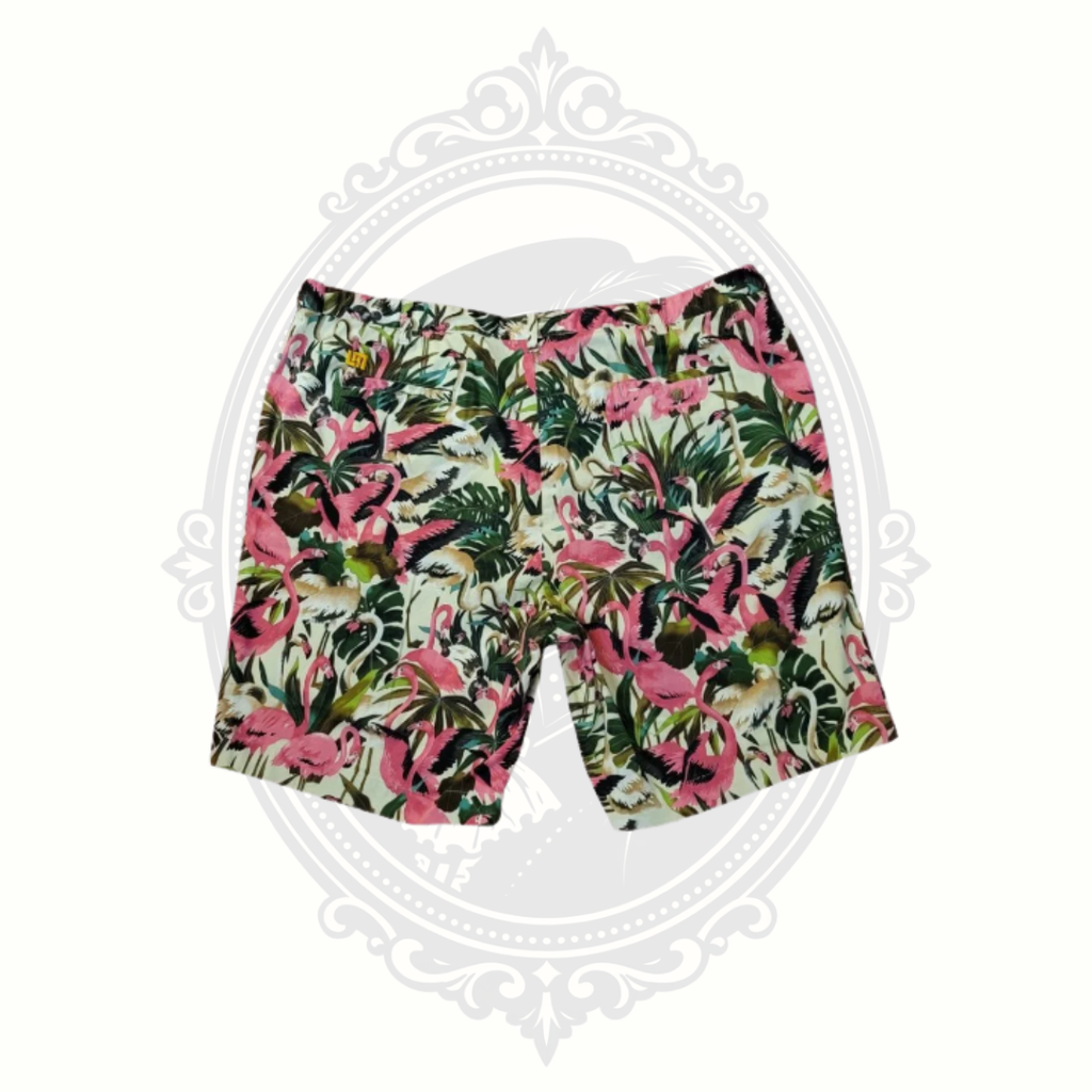 Loudmouth men’s tropical flamingo print golf shorts in size 50 shown back lay front view