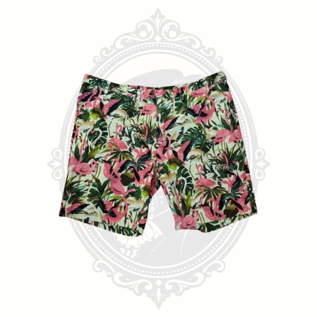 Loudmouth men’s tropical flamingo print golf shorts in size 50 shown flat lay front view