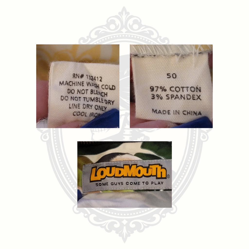Loudmouth golf shorts brand tag and material label showing cotton and spandex blend