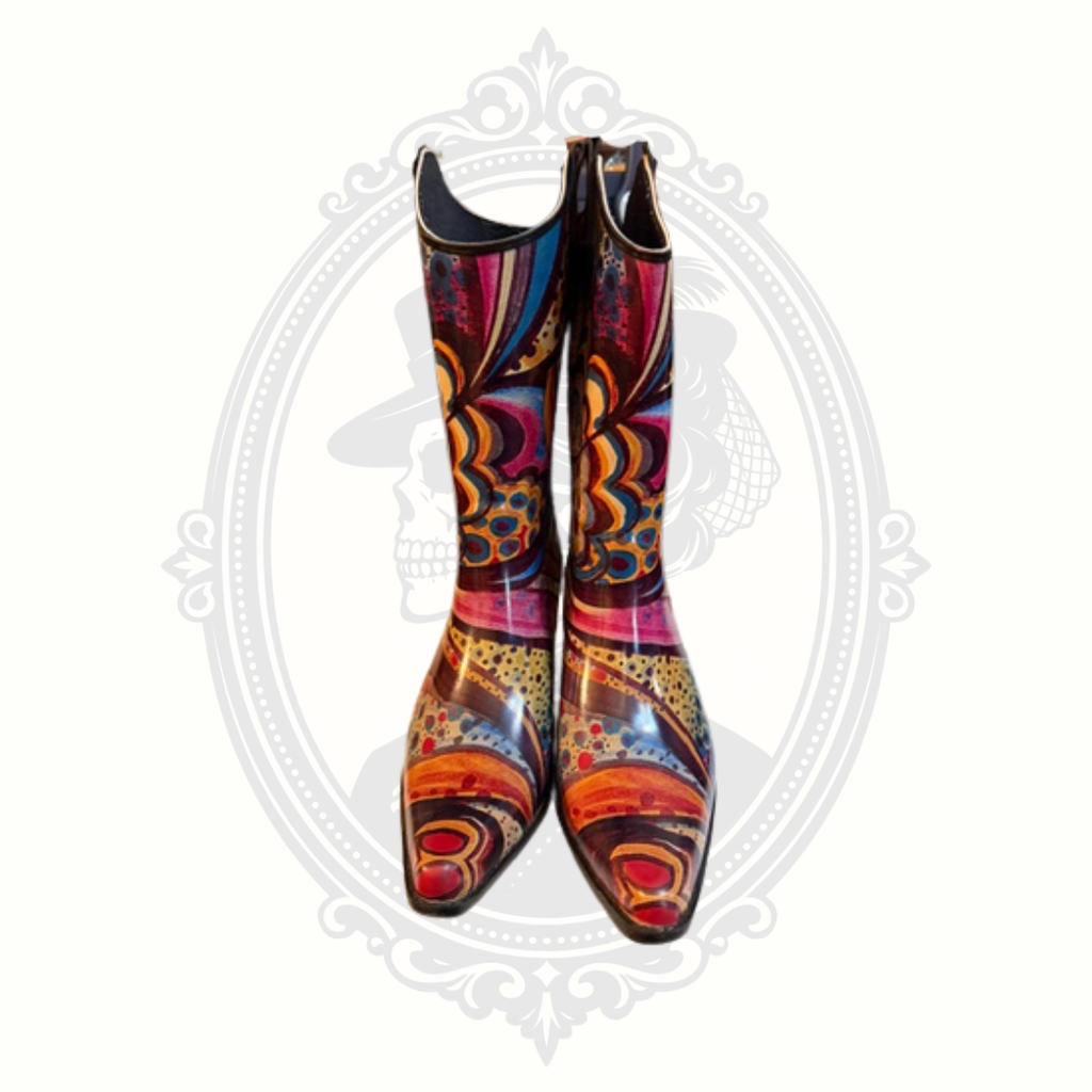 Front view of multicolor Madeline waterproof western boots with vibrant retro-inspired psychedelic print.