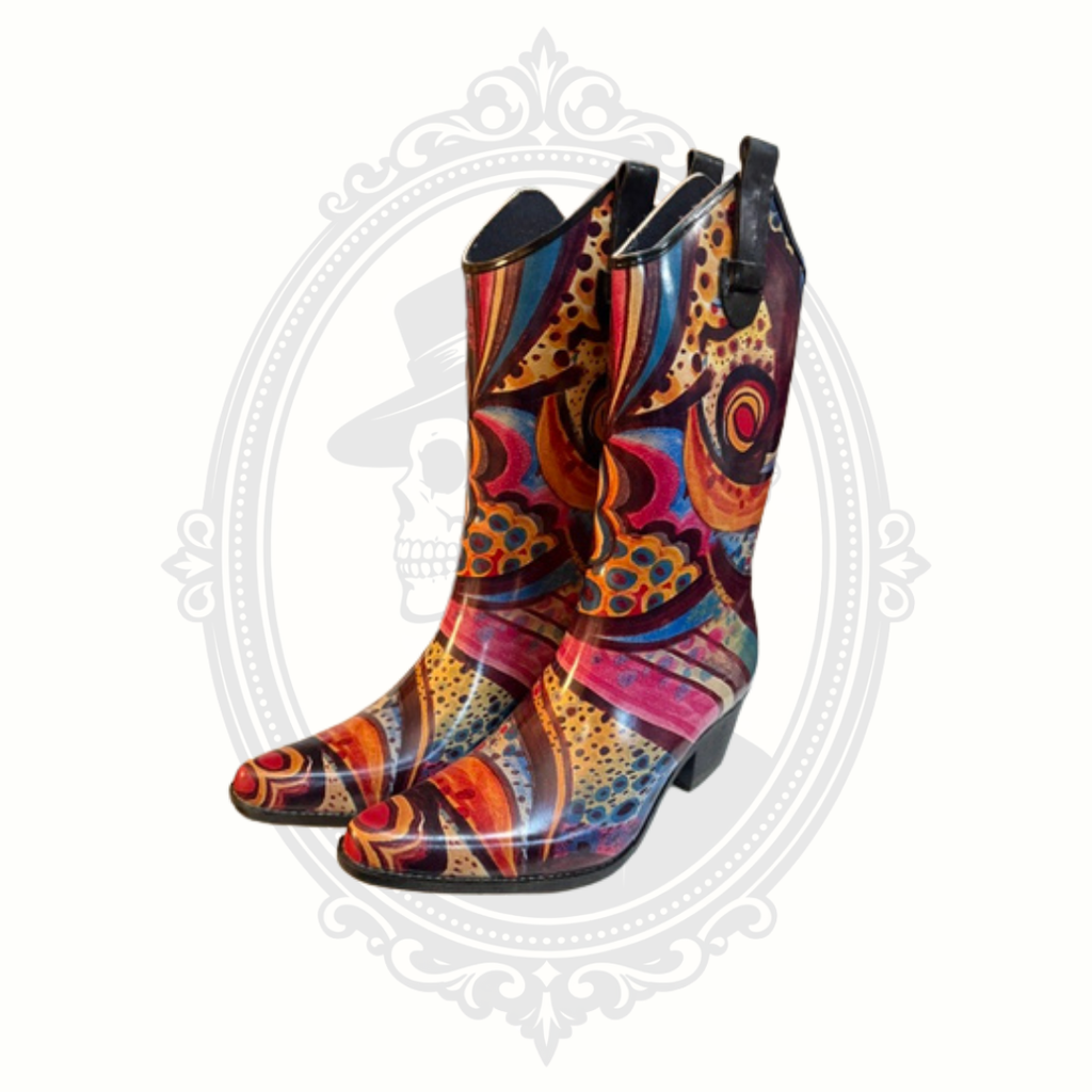 Colorful Madeline western-style rain boots featuring psychedelic abstract print and pointed toe design.