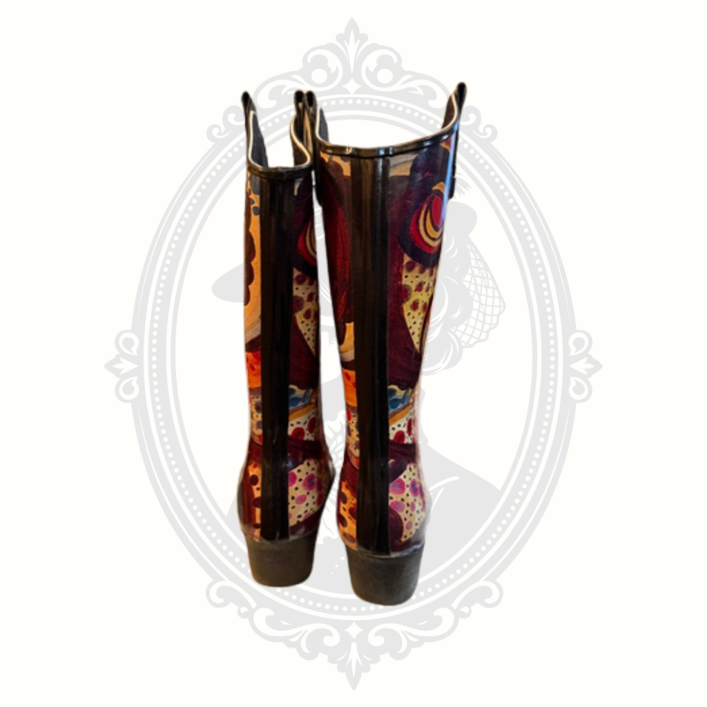 Rear view of psychedelic print Madeline rain boots featuring pull tabs and waterproof construction.