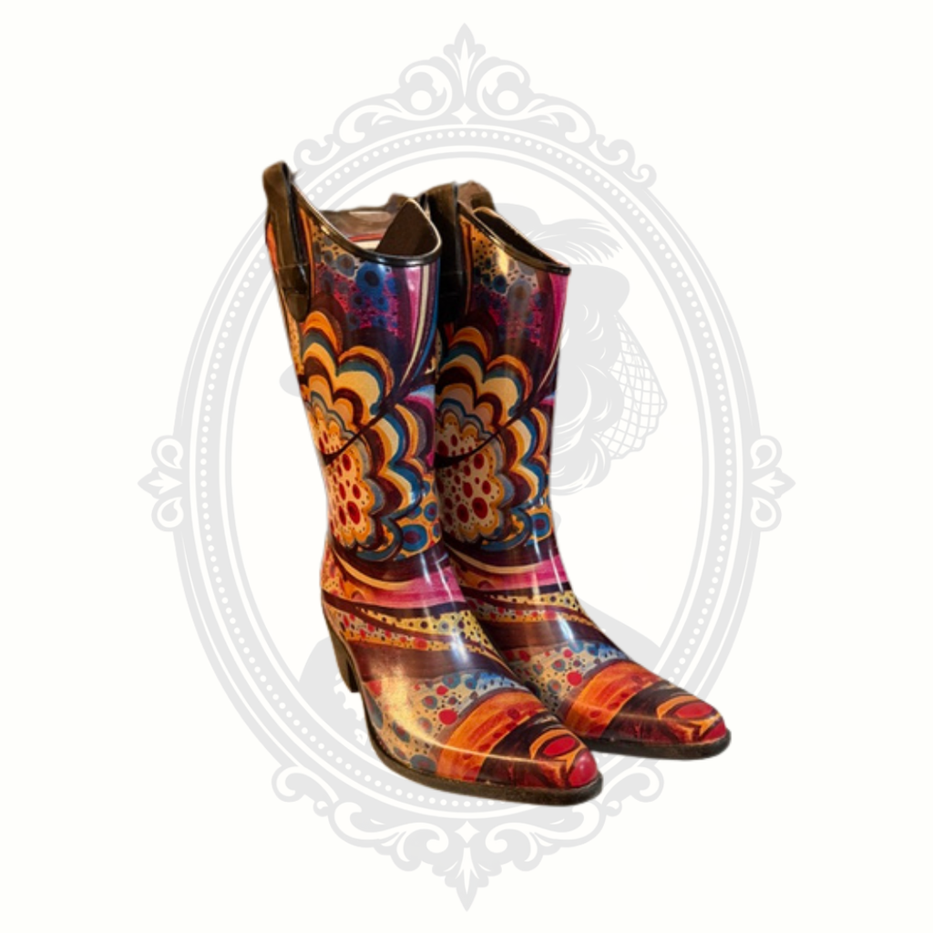 Side angle view of colorful Madeline mid-calf rain boots with abstract festival-inspired artwork.