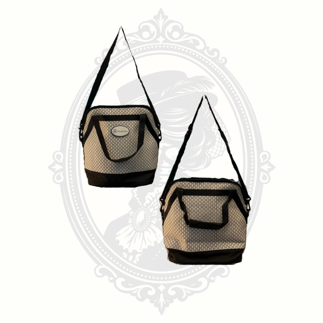Front and Rear angled view of Mercedes-Benz insulated cooler bag with adjustable shoulder strap and zip closure
