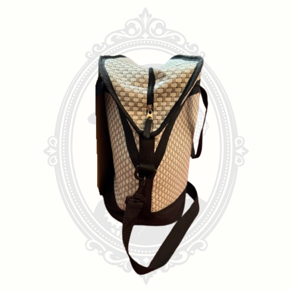 Side angle of woven gray and black Mercedes-Benz cooler bag with long shoulder strap