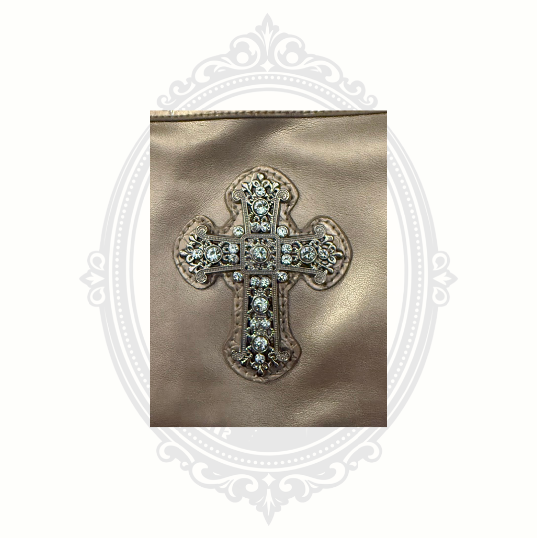 New Rhinestone Cross Kiss Lock Purse Gold Boutique Handbag