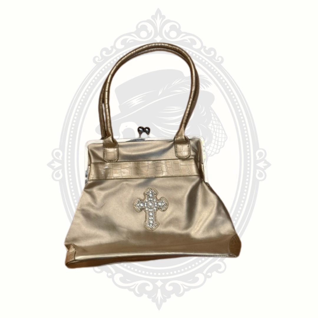 New Rhinestone Cross Kiss Lock Purse Gold Boutique Handbag