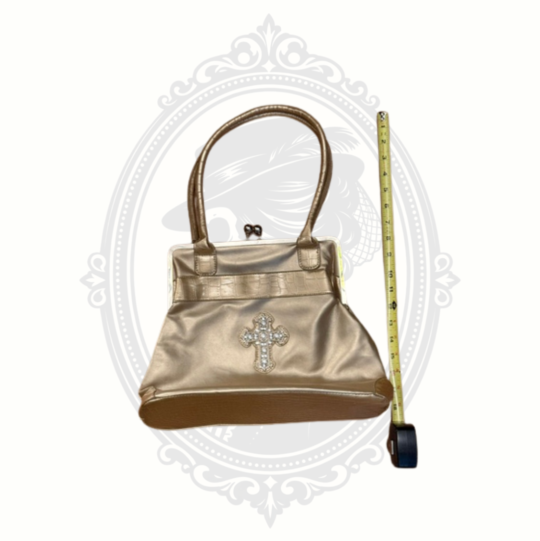 New Rhinestone Cross Kiss Lock Purse Gold Boutique Handbag
