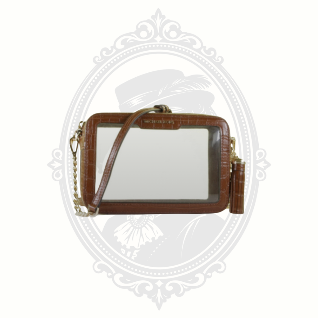 Michael Kors transparent stadium-approved crossbody bag with adjustable strap and designer detailing.