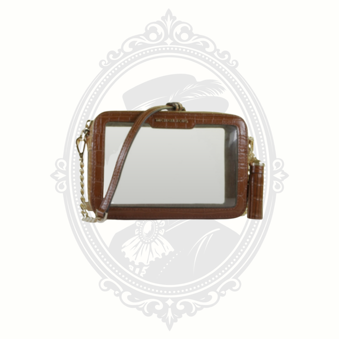 Front view of authentic Michael Kors clear stadium crossbody bag with brown croc-embossed trim and gold-tone hardware.