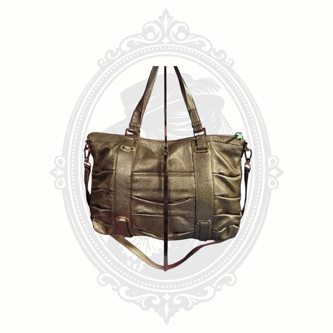 Michael Kors Gansevoort Ruched Metallic Leather Tote Bag Bronze Gold Shoulder Satchel