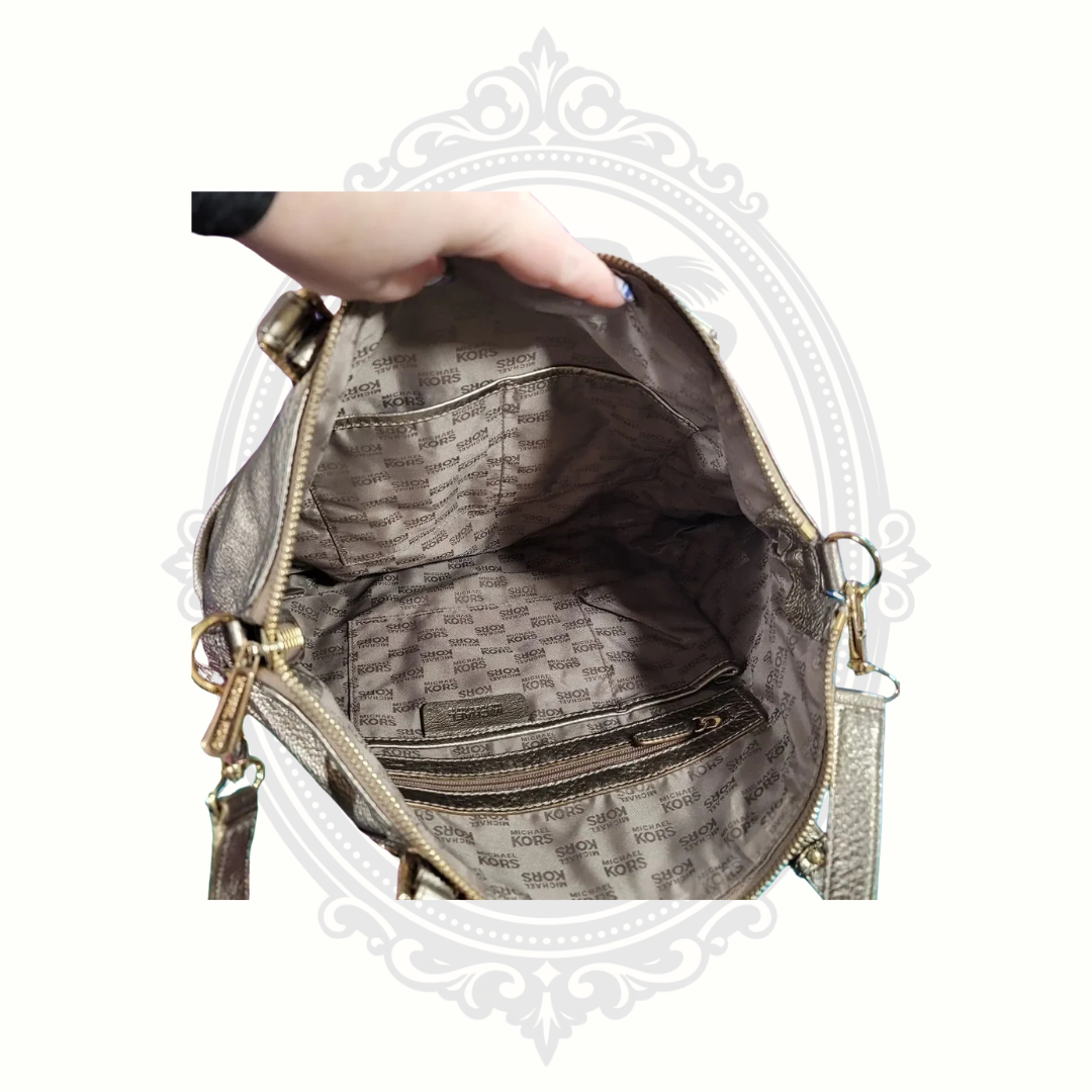 Michael Kors Gansevoort Ruched Metallic Leather Tote Bag Bronze Gold Shoulder Satchel