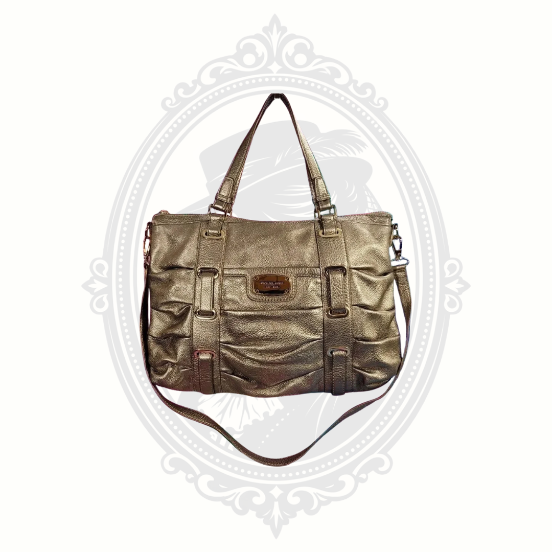 Michael Kors Gansevoort Ruched Metallic Leather Tote Bag Bronze Gold Shoulder Satchel