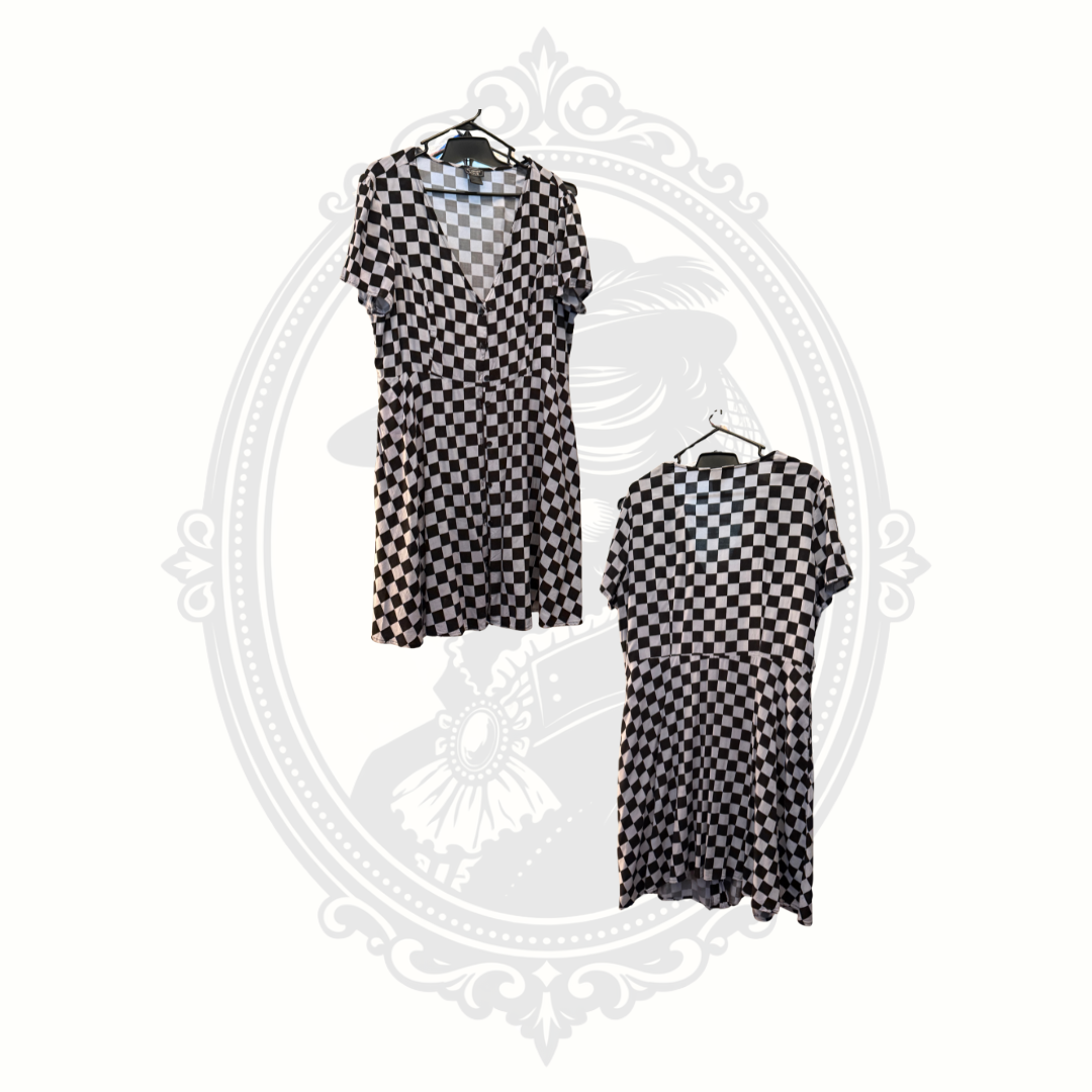 Front and back comparison of Midnight Hour checkerboard dress with flowy skirt and pockets
