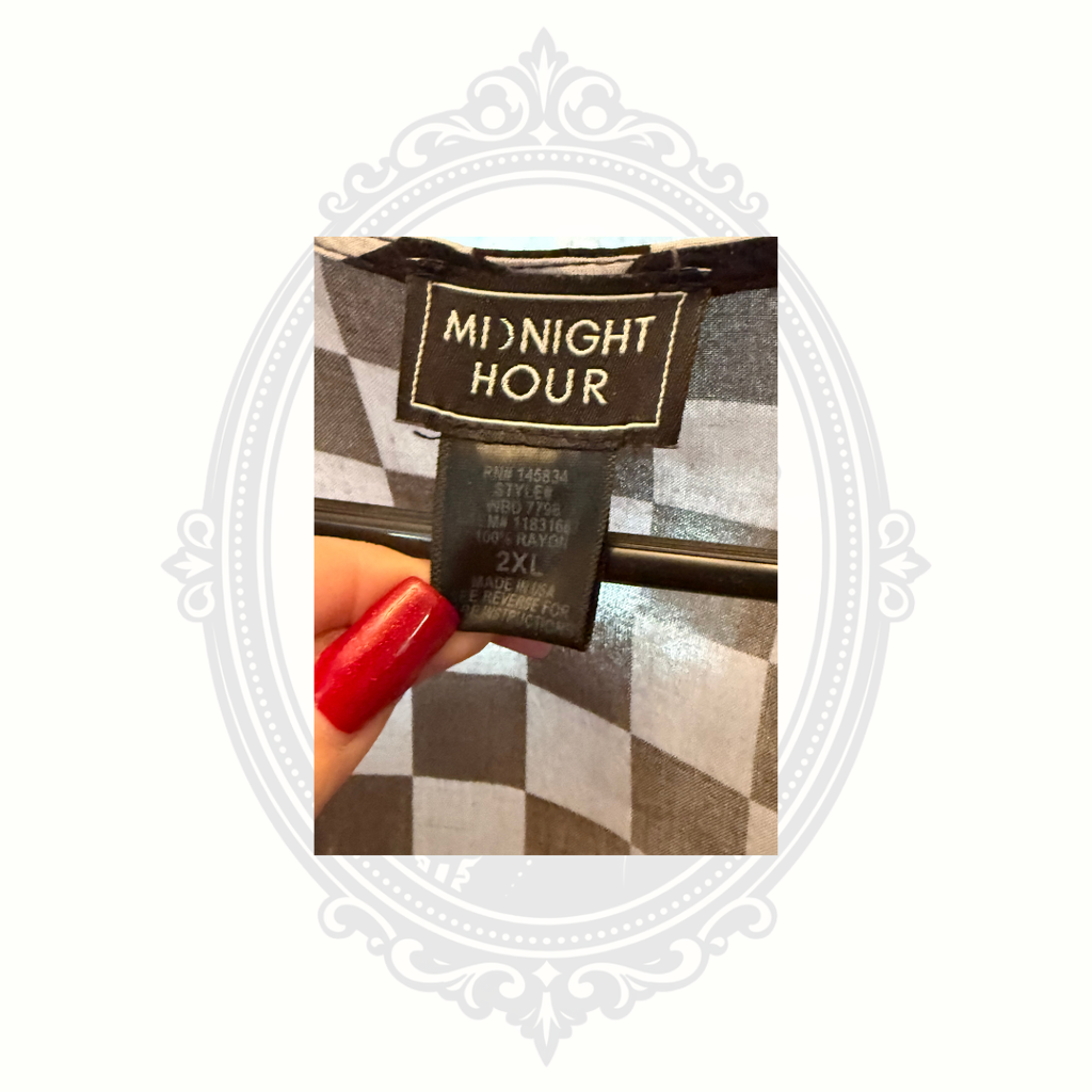 Midnight Hour clothing label showing size XXL and rayon fabric content