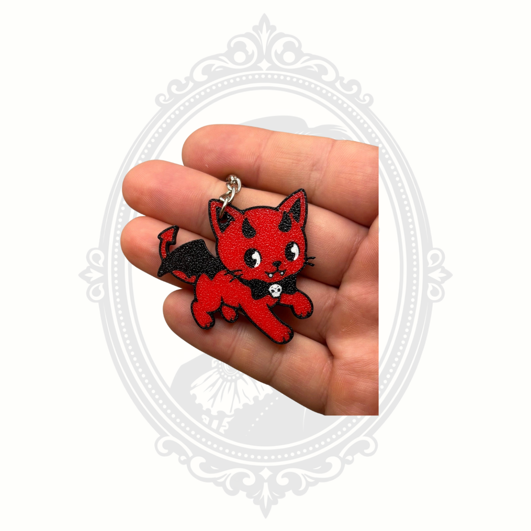 Devil Cat Keychain – Creepy Cute Gothic Black & Red Halloween Charm