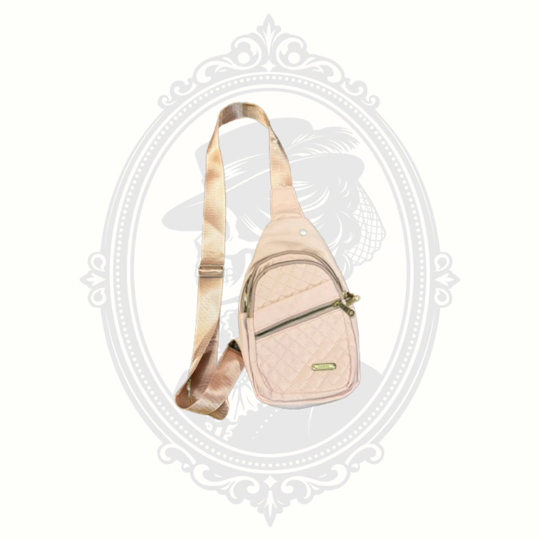 dusty rose crossbody bag on a decorative white background