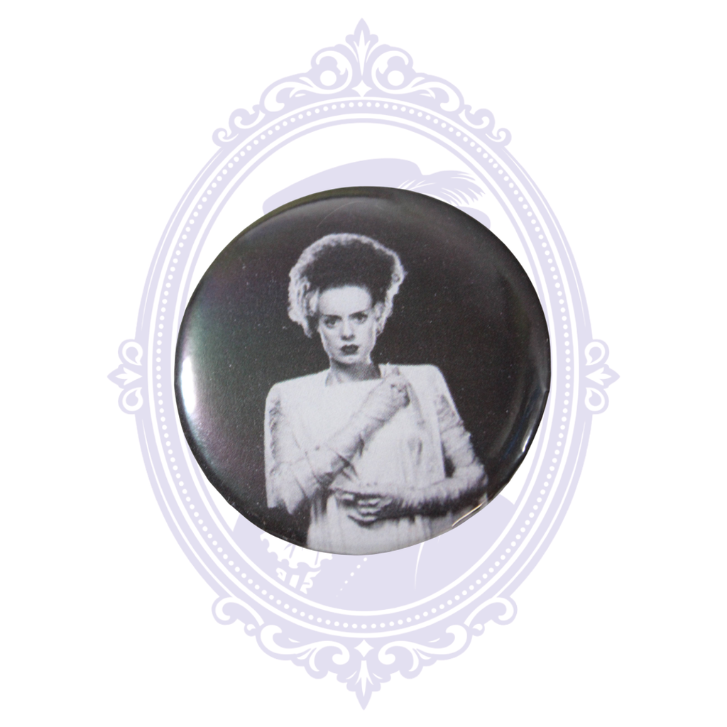 Bride of Frankenstein 2.25-inch metal-backed pin button with black-and-white portrait