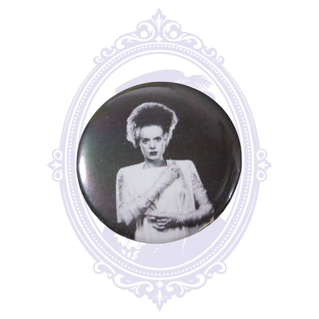 Bride of Frankenstein 2.25-inch metal-backed pin button with black-and-white portrait