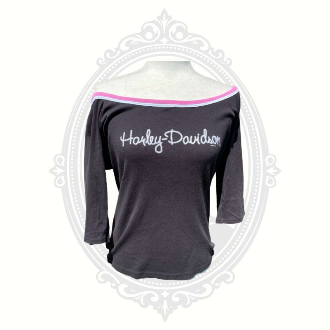 Front view of black Harley-Davidson tank top with pink Y2K-style motorcycle graphics.