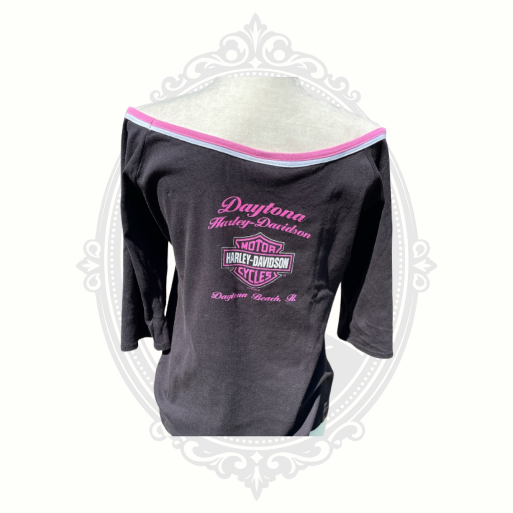 Back flat lay image of vintage Harley-Davidson black tank top with pink graphic print.