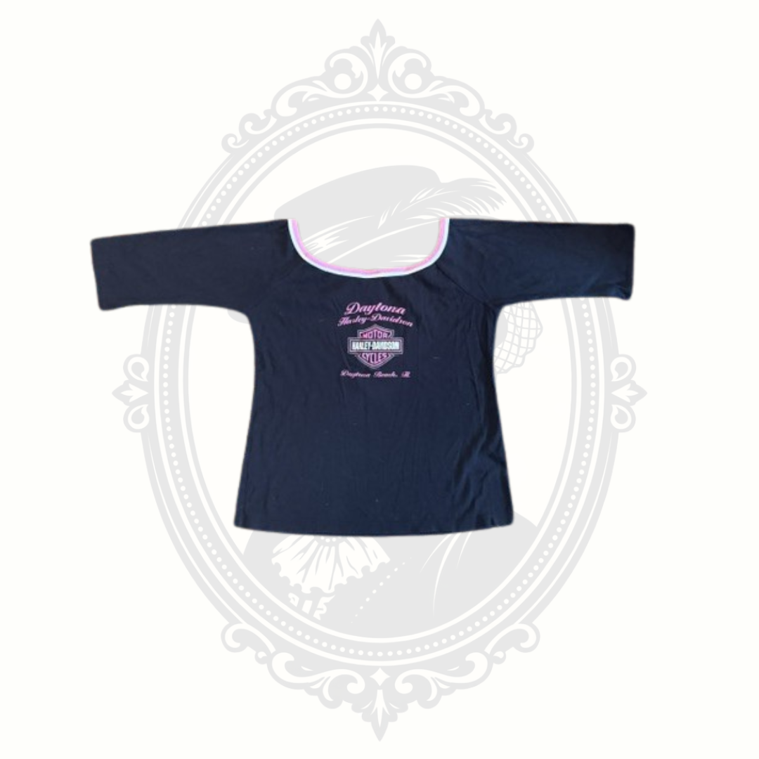 Back flat lay view of black Harley-Davidson tank top featuring pink biker-inspired graphics.