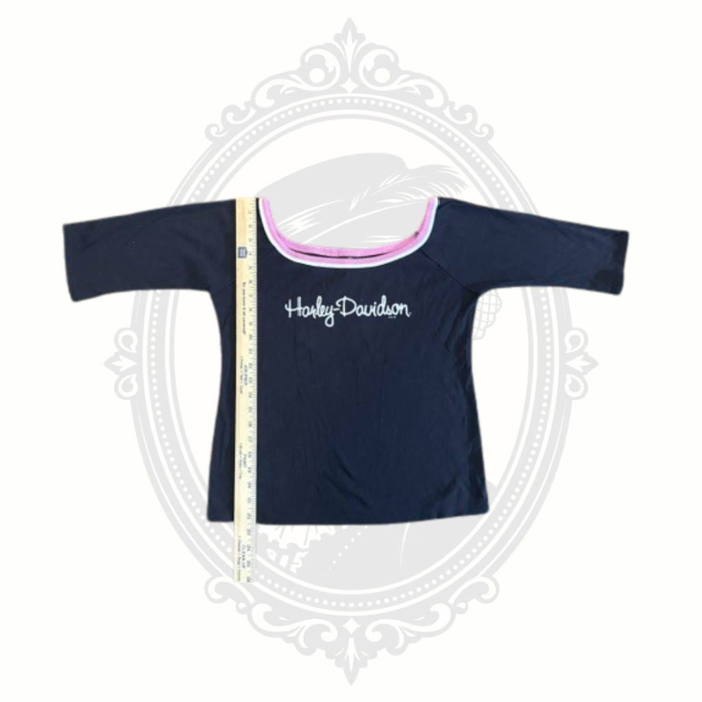 Shoulder measurement view of vintage Harley-Davidson black tank top with pink detailing.