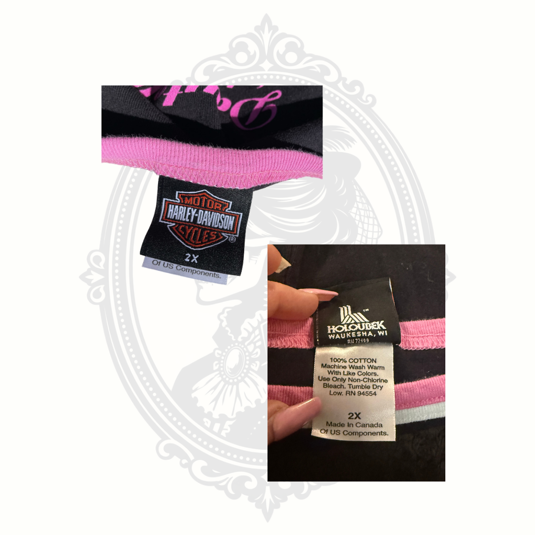 Close-up of Harley-Davidson tank top tags and interior branding details.