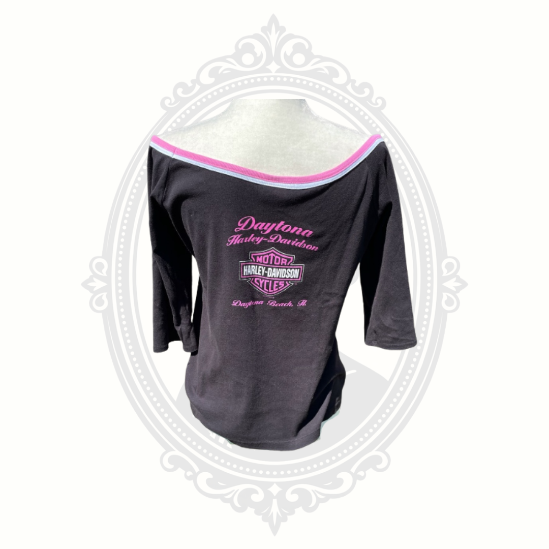 Rear view of black Harley-Davidson Y2K pink graphic tank top with biker-inspired design.