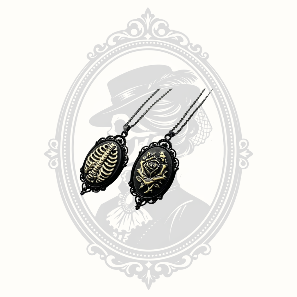 Gothic Cameo Pendant Necklace – Rose or Skeleton Ribcage