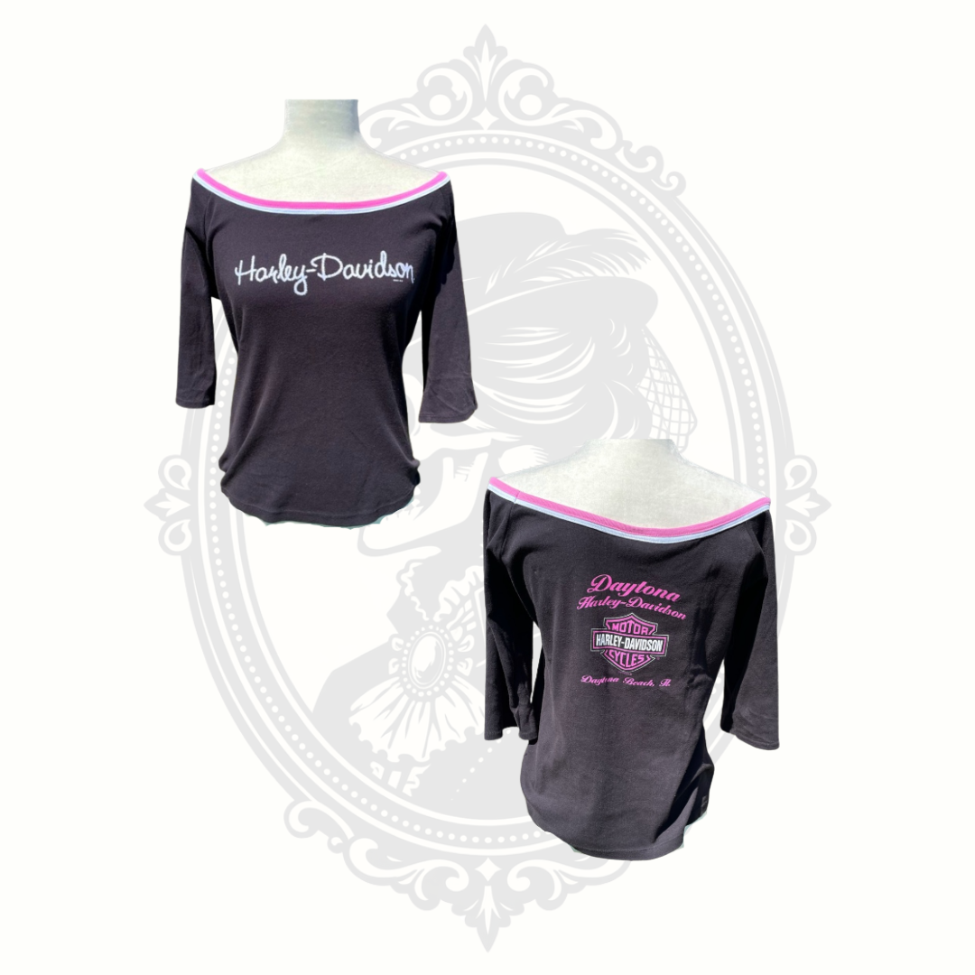 Front and back view of black Harley-Davidson Y2K pink graphic tank top with vintage biker style.