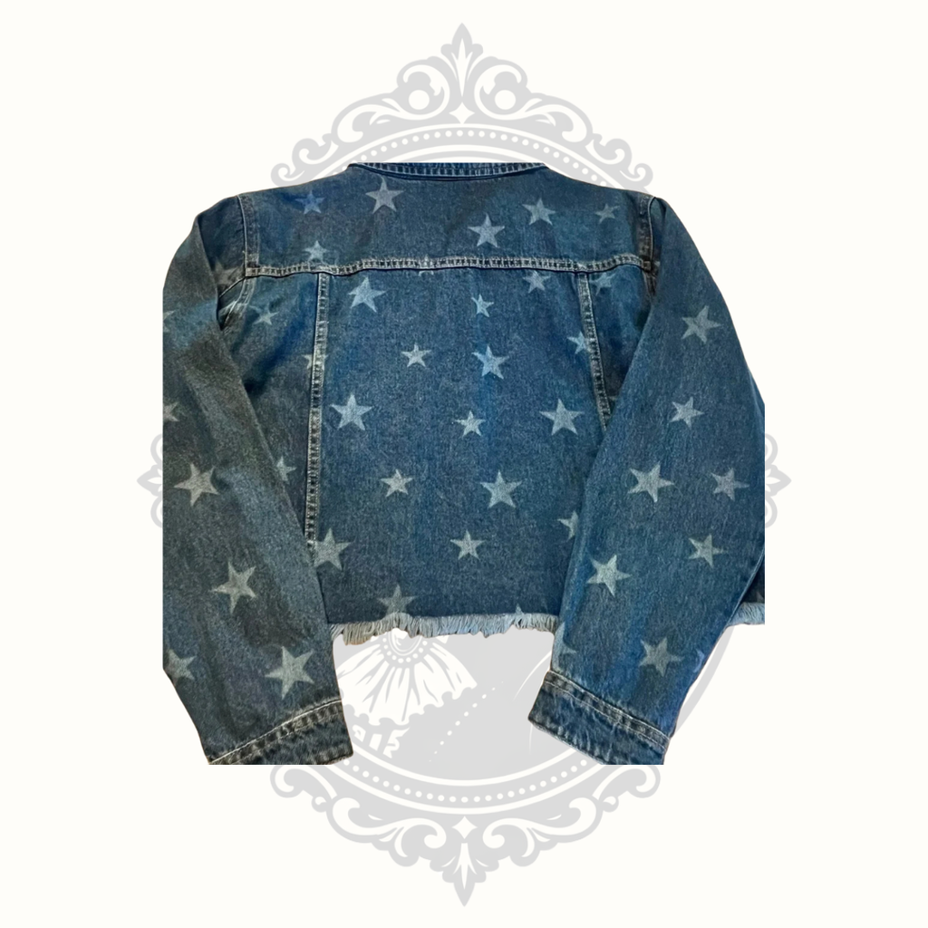 Myra Bag Women's Blue Star Print Denim Jacket Frayed Hem Size L NWOT