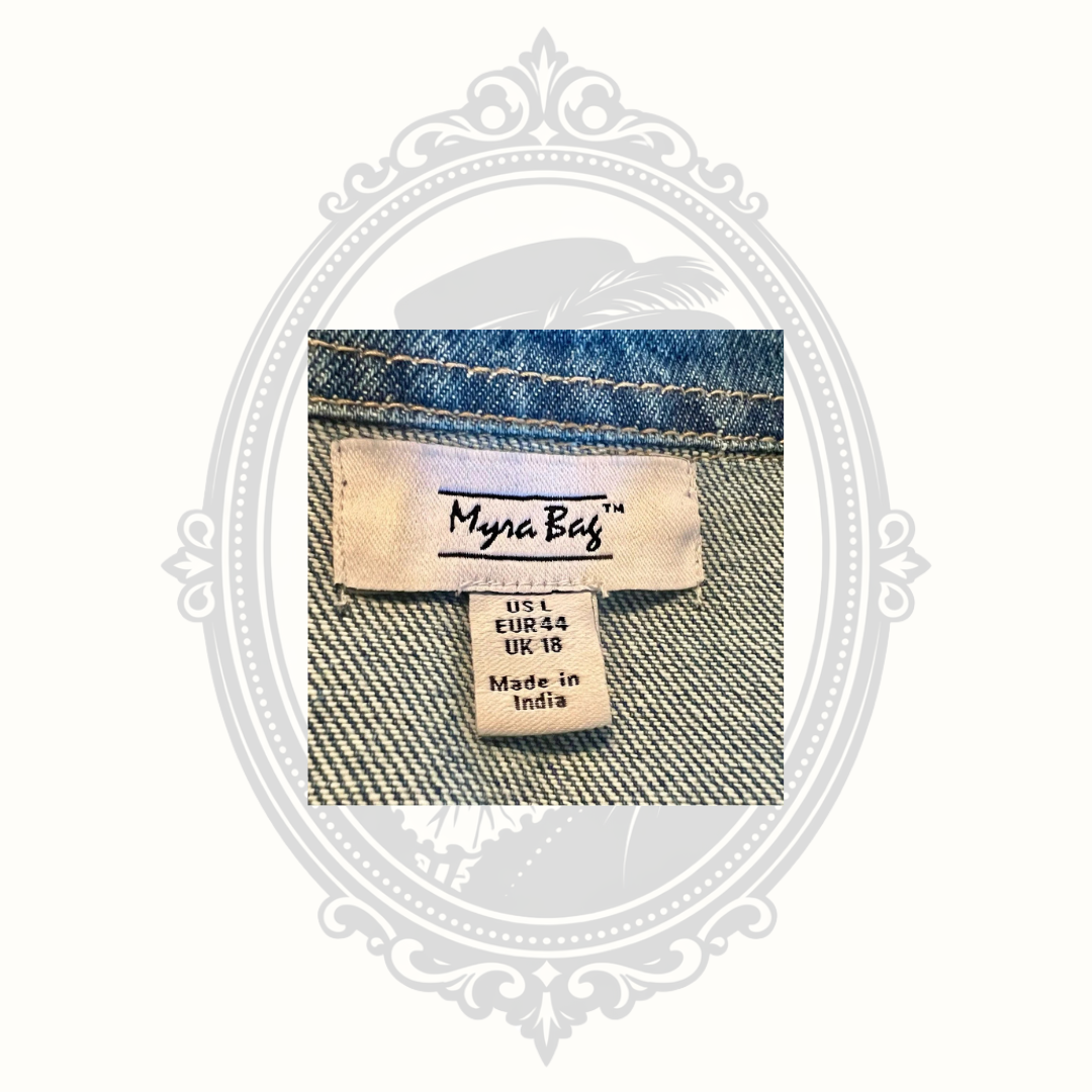 Myra Bag Women's Blue Star Print Denim Jacket Frayed Hem Size L NWOT
