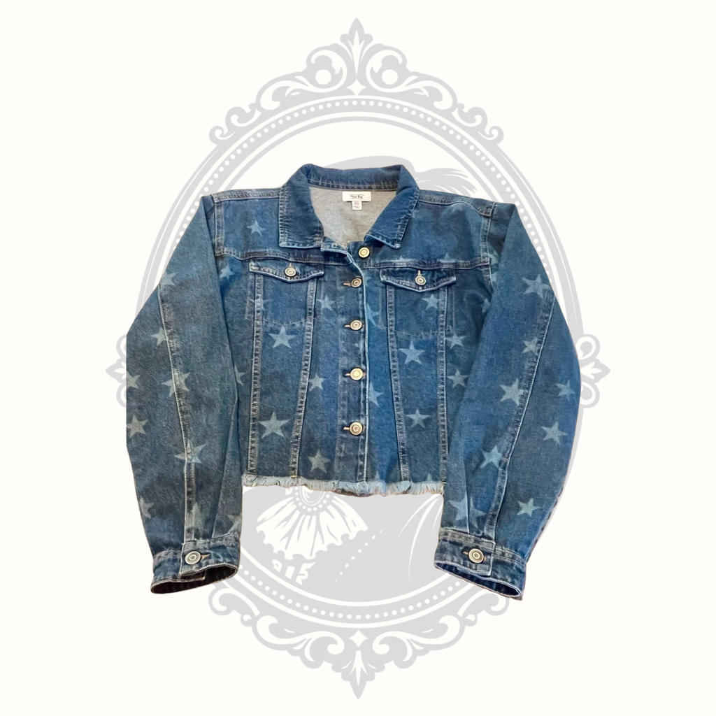 Myra Bag Women's Blue Star Print Denim Jacket Frayed Hem Size L NWOT