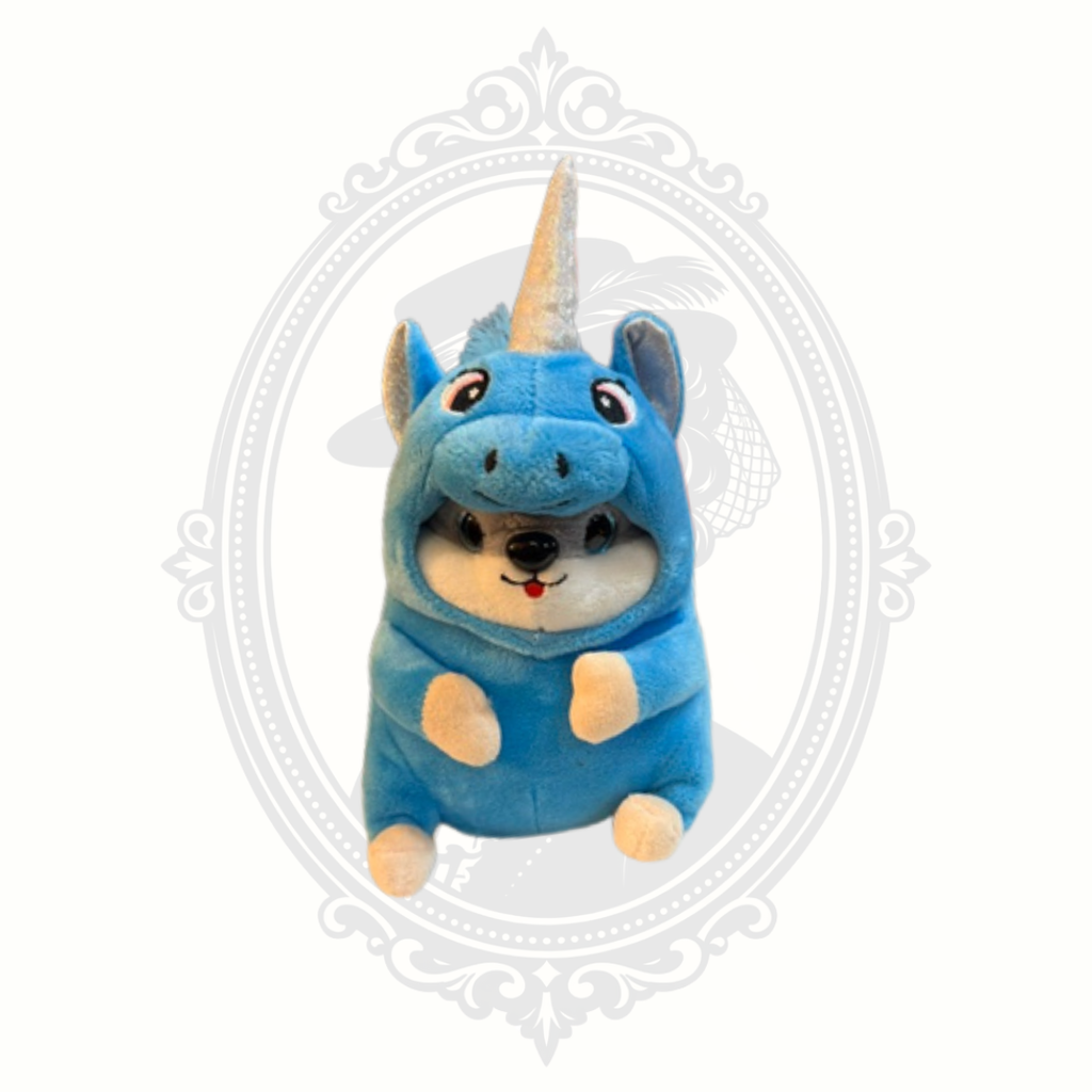 Front view of a cute blue unicorn dog plush toy featuring a glitter horn, embroidered face, and soft costume design.